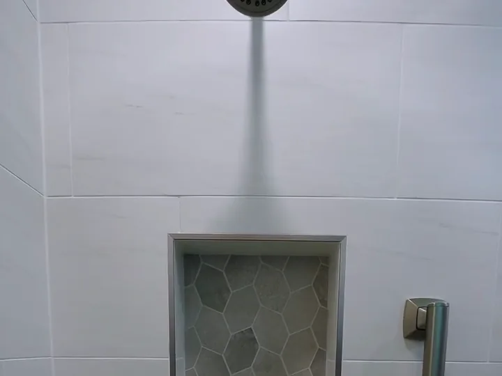 Shower niche lined with hexagon mosaic tile below a rain shower head, with a grab bar, in an Orlando, FL bathroom remodel