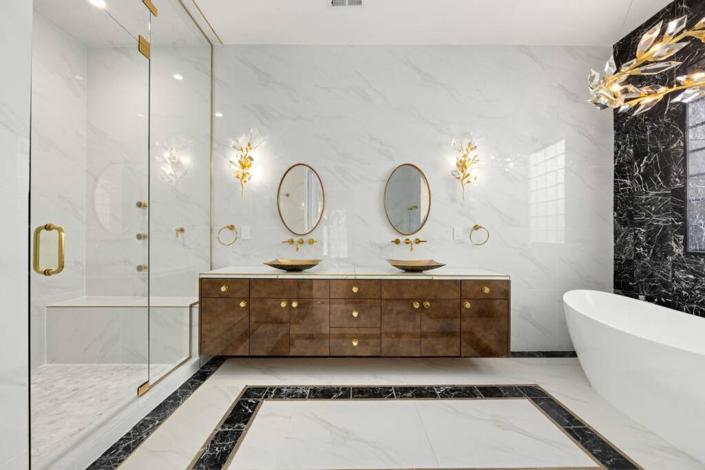 Upscale bathroom remodeling showcasing premium materials, clean lines, and thoughtful design

