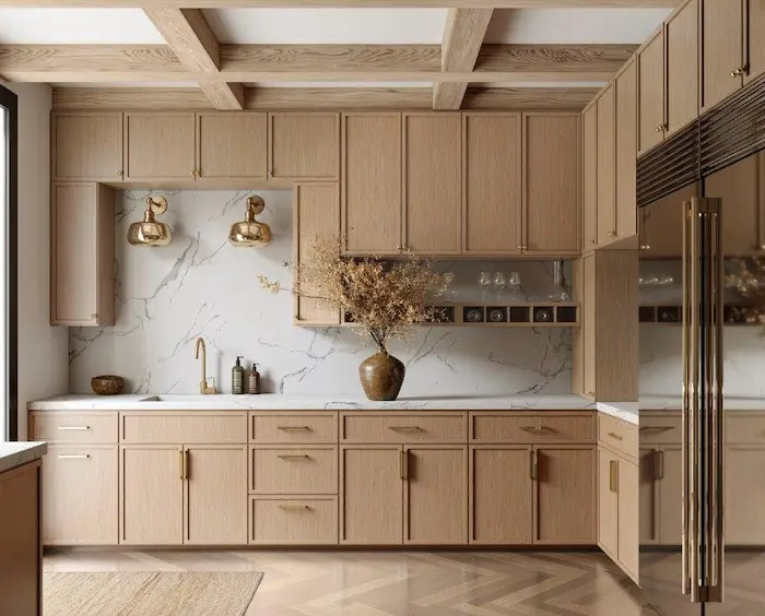Modern custom kitchen remodel with wood cabinetry and stone backsplash by Posada Remodeling & Design